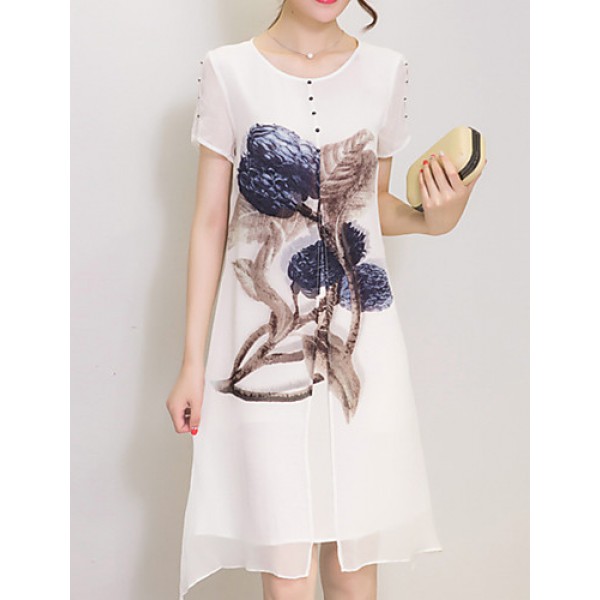 Women's Street chic Print Plus Size / Loose Dress,Round Neck Knee-length Silk / Polyester