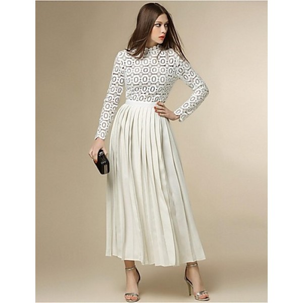 Boutique S Women's Going out Street chic Chiffon Dress,Patchwork Stand Maxi Long Sleeve White Polyester Fall
