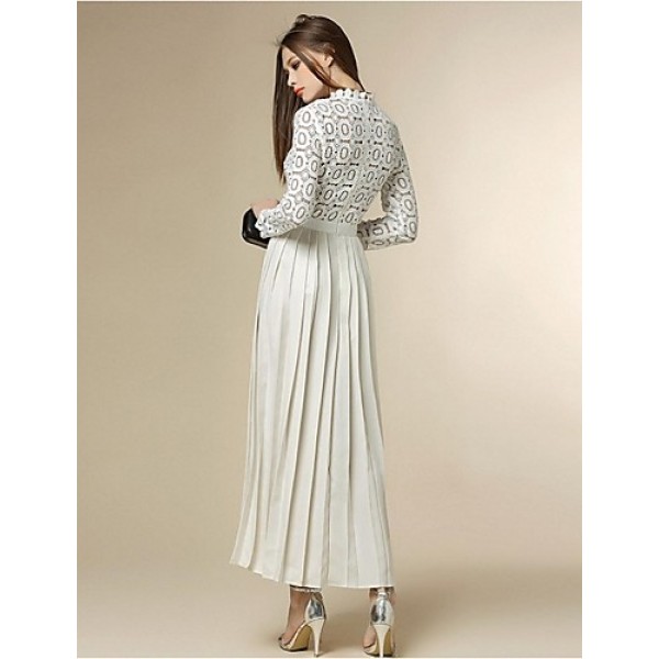Boutique S Women's Going out Street chic Chiffon Dress,Patchwork Stand Maxi Long Sleeve White Polyester Fall