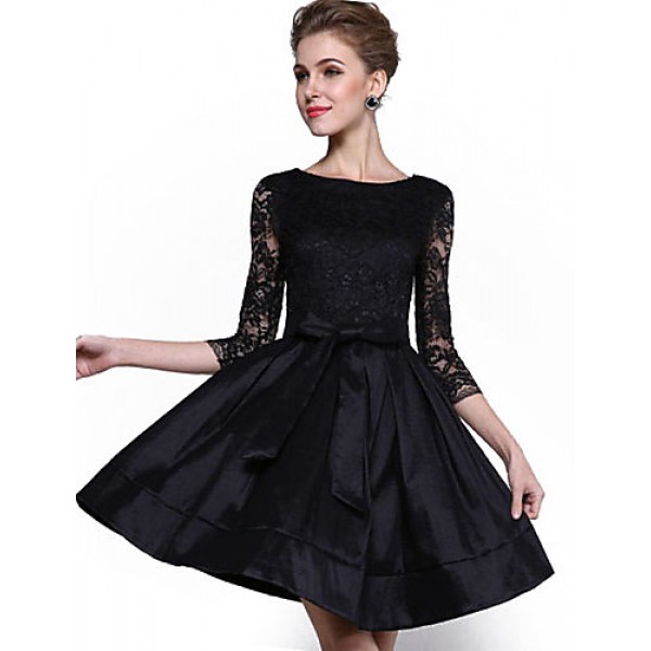 Women's Party/Cocktail / Plus Size Sophisticated Lace / Little Black / Skater Dress,Solid Round Neck Above Knee ? Sleeve BlackPolyester /
