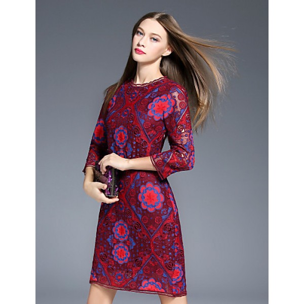 Boutique S Women's Going out Vintage Sheath Dress,Floral Round Neck Above Knee ? Sleeve Red Polyester