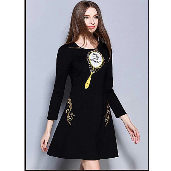  Women's Casual/Daily Simple Sheath DressEmbroidered Round Neck Above Knee Long Sleeve Black
