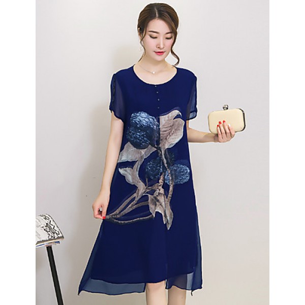 Women's Street chic Print Plus Size / Loose Dress,Round Neck Knee-length Silk / Polyester